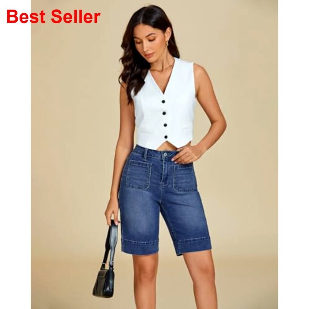 High Waisted Denim Bermuda Shorts with Patch Pockets, Stretchy Fabric - Picture 7 of 7